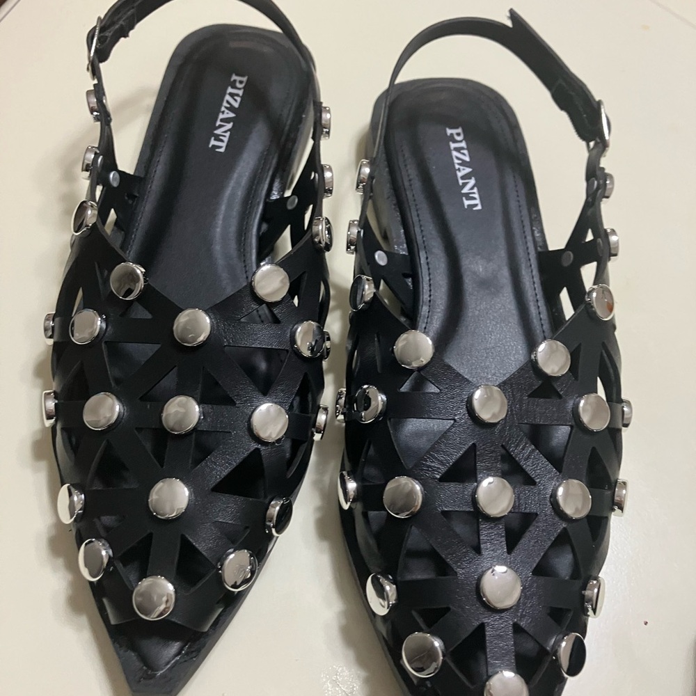 Black Pointed Toe Flats with Silver Studs